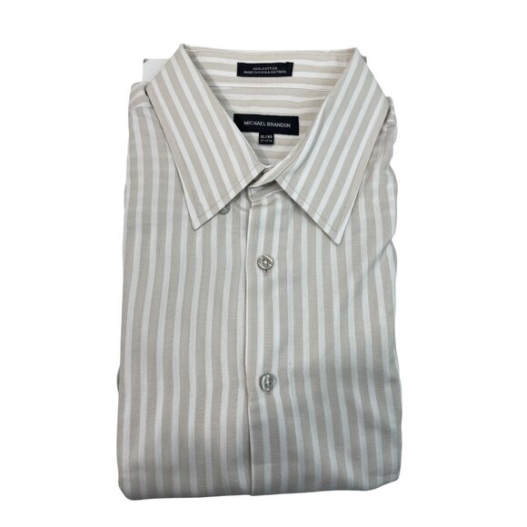 Michael Brandon Mens Striped Button-Up Shirt Beige & White Sz XL (17-17.5) - Picture 2 of 5